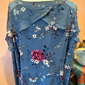 Floral Blue blouse with Ruffle Details from White House Black Market